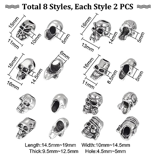 UNICRAFTALE About 16cs 8 Styles Antique Silver Skull Beads Paracord Bead Rope Skull Head Beads Retro Large Hole Metal Beads Outdoor EDC Tool for Bracelets Jewelry Findings Making - Image 3