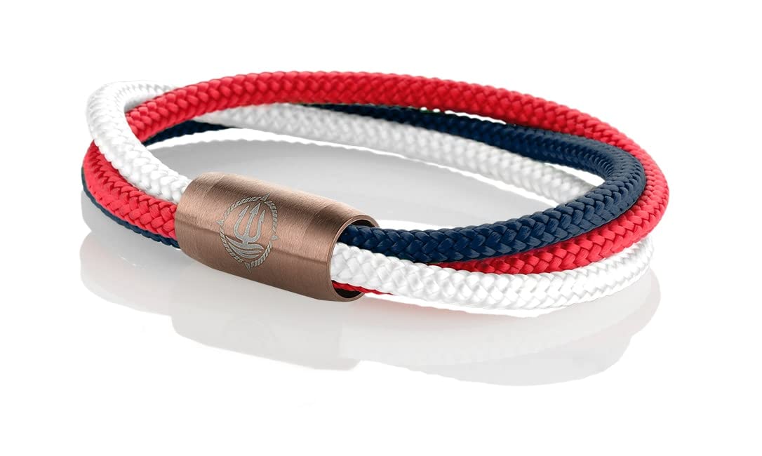 Maritimes Seemannsgarn Segeltau Armband Trinidad rot, weiß, navy blau, dreireihig, 8mm, Leutnant (braun), M - Gelenkumfang von 15 cm bis 16,5 cm