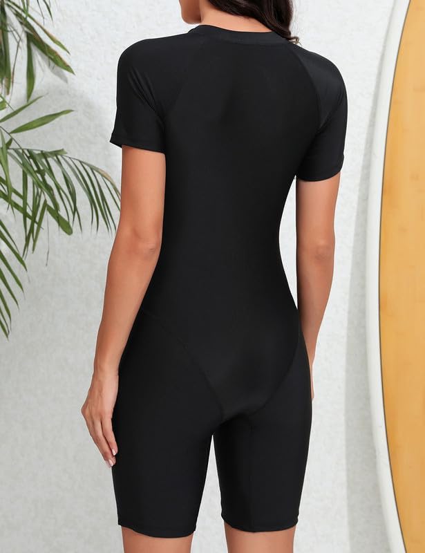 JadeRich Women One Piece Surfing Bathing Suit Short Sleeve Zip Up Boyleg Sports Rash Guard Swimwear