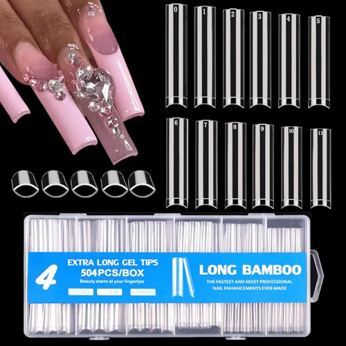 504 Pcs No C Curve Square Nail Tips, XXXL Half Cover Clear Nails ...