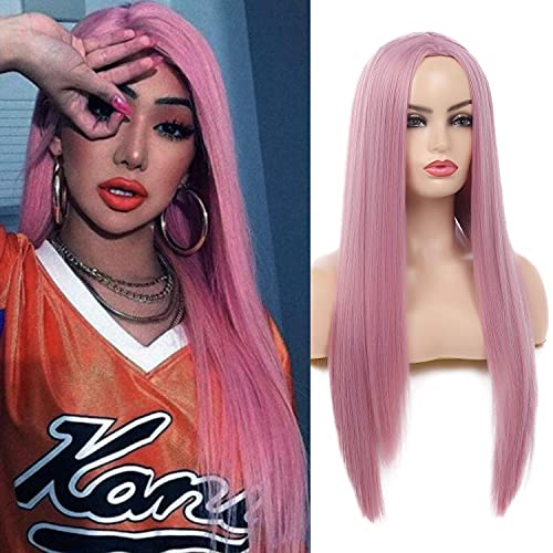 Baruisi Long Straight Pink Wigs for Women Synthetic Natural Looking Middle Part Cosplay Replacement Wig with Wig Cap