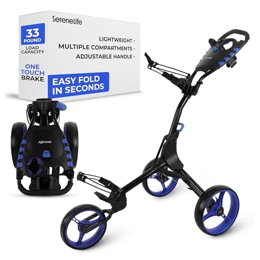 SereneLife 3 Wheel Golf Push Cart - Lightweight Folding Golf Walking Push Cart Roller Golf Bag Holder w/Upper/Lower Bracket w/Elastic Strap, Scorecard, Cup, & Bag Storage Holder - SereneLife SLG3W