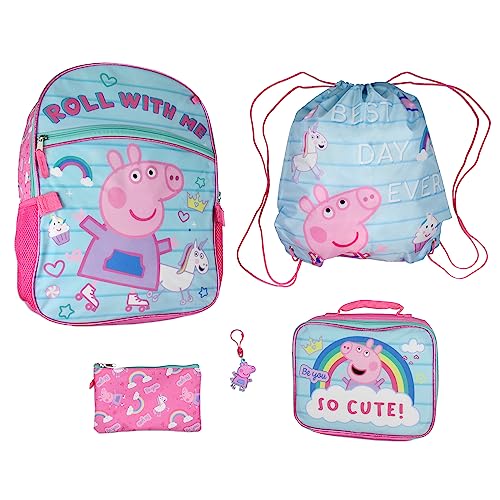 AI ACCESSORY INNOVATIONS Mochila infantil Peppa Pig para viagem escolar com lancheira, bolsa de cordão, estojo de lápis e chaveiro moldado de borracha 40,6 cm