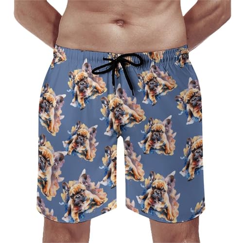 Watercolor French Bulldog Men's Swim Trunks Quick Dry Beach Board Shorts with Mesh Lining Swimwear Bathing Suits