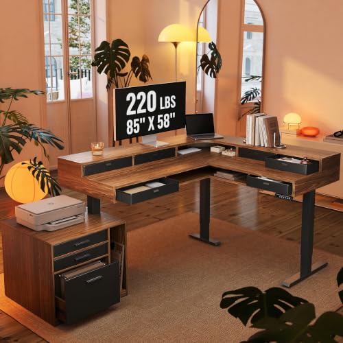 Image of HUANUO 85 inch Electric L Shaped Standing Desk with File Cabinet, Walnut | 65 inchx58 inch 2-Tier L-Desk,File Cabinet, 6 Drawers,220lbs Carbon Steel,4 Memory Presets, 27.6 inch-46.5 inch Adjustable Height