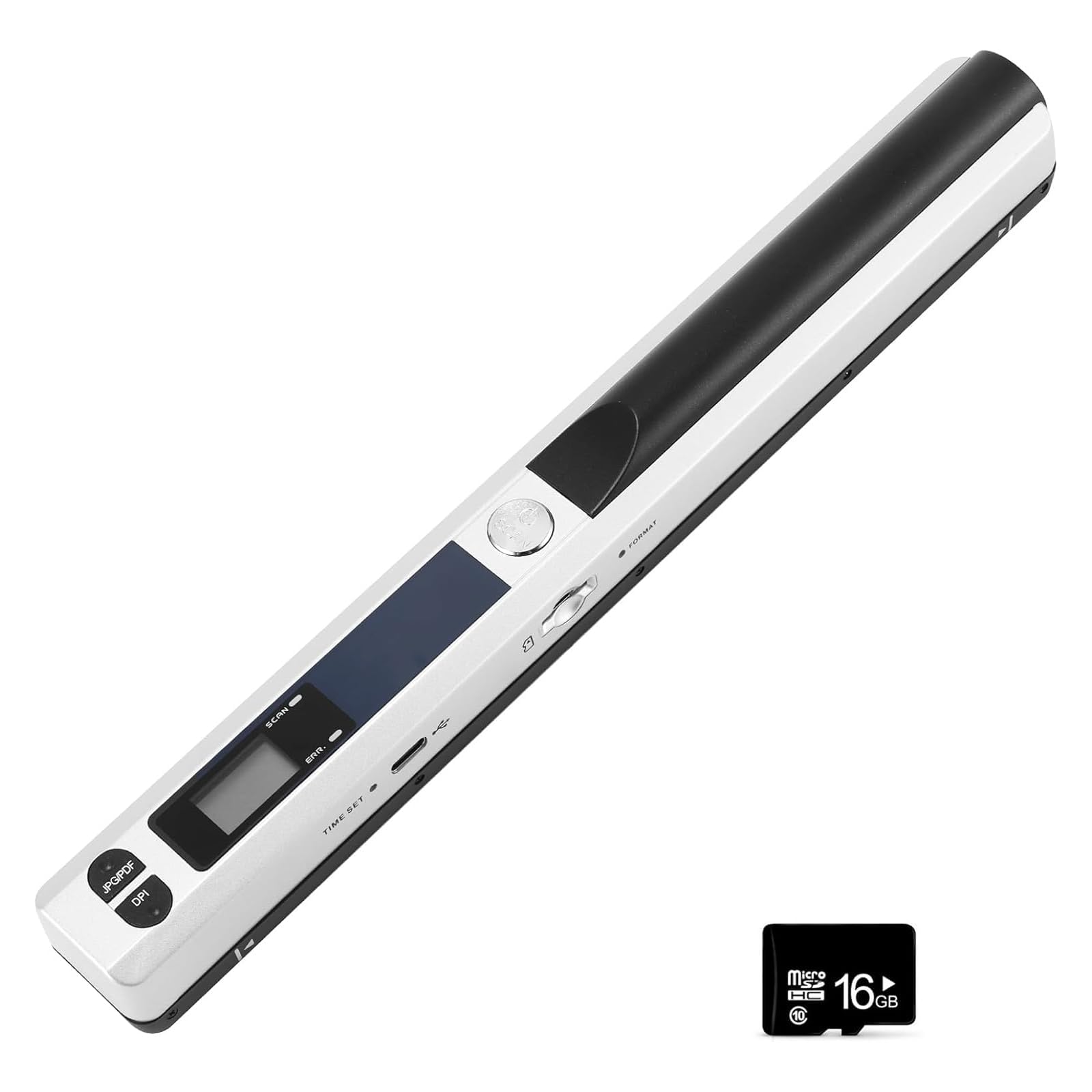 Scanner de Documents Portable, Mini Scanner de Photos Portable 900 DPI, Baguette de numérisation Couleur A4 Haute Vitesse, Scanner Portable Rechargeable par USB, Comprend Une Carte SD 16 Go (Argent)