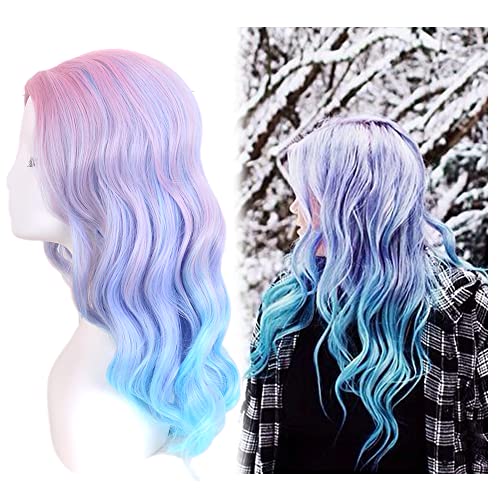 REEWES Long Pastel Curly Wigs for Women Heat Resistant Hair Natural Wigs for Daily Cosplay Costume Party Carnival (Ombre Pink Blue)