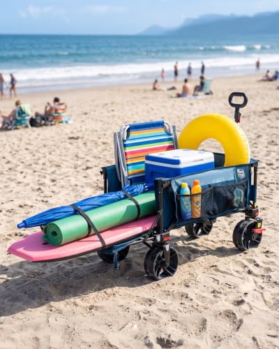 Image of Timber Ridge 47 inch L Collapsible Wagon with Tailgate & Brake, 300 lbs Heavy Duty Beach Wagon with All-Terrain Big Wheels, 250L Foldable Utility Cart for Sand Camping Sports Shopping, Blue