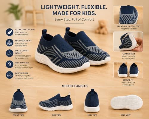 Image of Slip-On Knit Sneakers, Navy Blue, Lightweight Walking Shoes, White Sole
