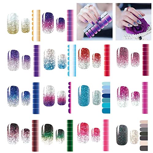 BeautyChen 14 Sheets Nail Stickers Glitter Gradient Color Shine Full Nail Wraps Gel Nail Strips Adhesive Nail Art Polish Sticker for Women Girls DIY Gifts