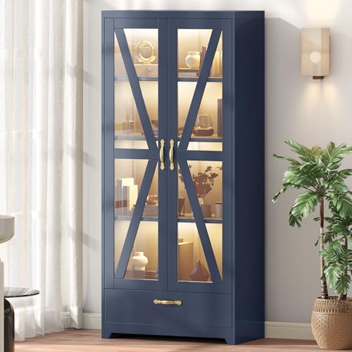 DWVO Display Cabinet with LED Lights, 61" Metal Display Case with Glass Barn Doors for Collectibles, Organizer Cabinet with 3 Adjustable Shelves and Drawer for Living Bedroom, Office, Navy Blue