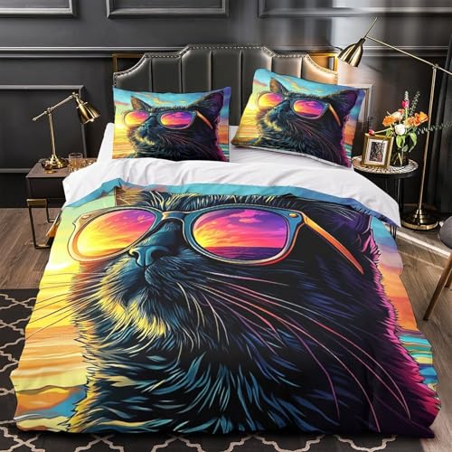 Housse de Couette 220x240cm Chat Cool Imprimé Pop avec 2 Taies - 2