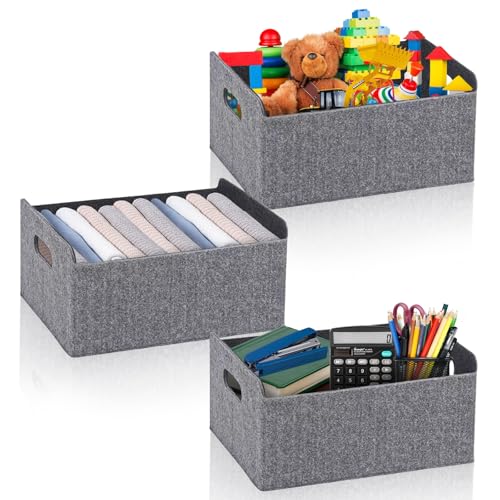 QUMENEY Lot de 3 paniers de rangement en feutre avec poignée - Panier de rangement pliable pour vêtements - Organisateur de jouets pour chambre d'enfant à...