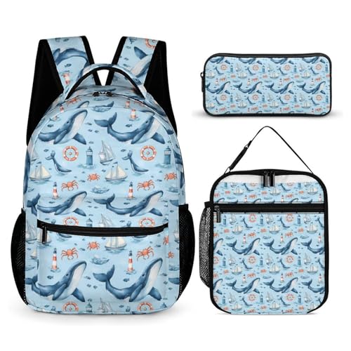 Whales Crab Sea Boat Lighthouse Funny Backpack Sets Lightweight 3Pcs Daypack Set with Lunch Box And Pencil Case for Women Men