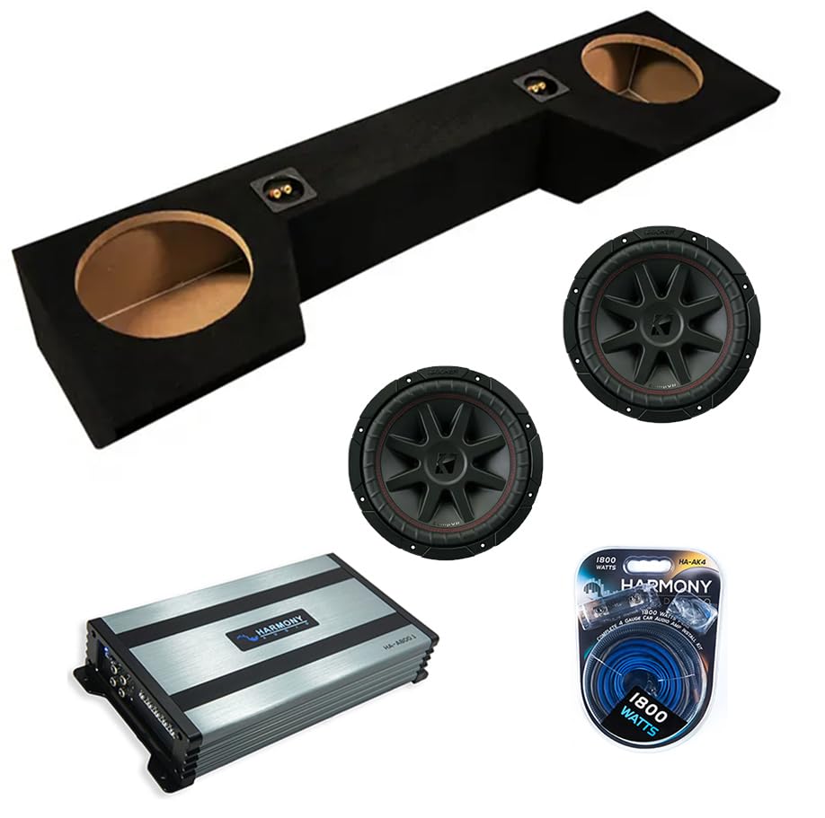 American Sound Connection Dual 10 inch Sub Box Compatible with Dodge Ram Quad Cab Truck 2019-UP Bundle with 43CVR104 Subwoofer, HA-A800.1 800W RMS Amp, and Install Kit
