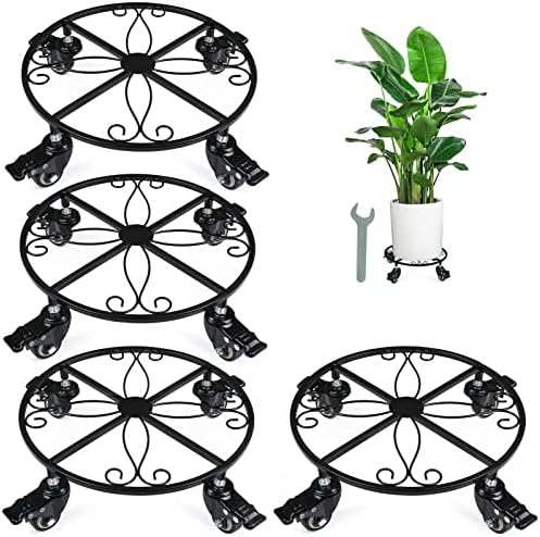 LANPU 4 Pack Metal Plant Caddy with Wheels Heavy Duty,Iron Potted Plant Stand on Steel Casters, Adjustable Rolling Dolly Casters with Locking for Indoor Outdoor
