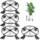 LANPU 4 Pack Metal Plant Caddy with Wheels Heavy Duty,Iron Potted Plant Stand on Steel Casters, Adju