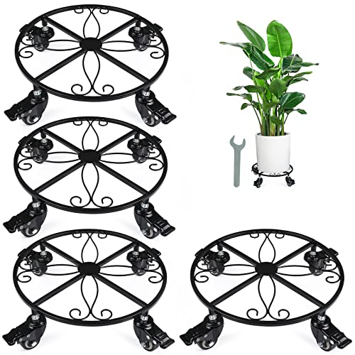 Lanpu 4 Pack Metal Plant Caddy With Wheels Heavy Duty,Iron Potted Plant Stand On Steel Casters, Adjustable Rolling Dolly Casters With Locking For Indoor Outdoor #TOP3