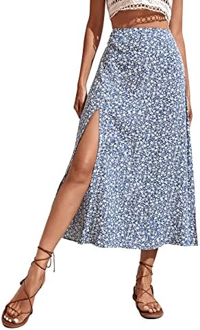 GORGLITTER Rok voor dames, zomer, lange rok met bloemenrok, met split, A- lijn, bloemenrok, gebloemde rok met hoge taille, blauw en wit., XL