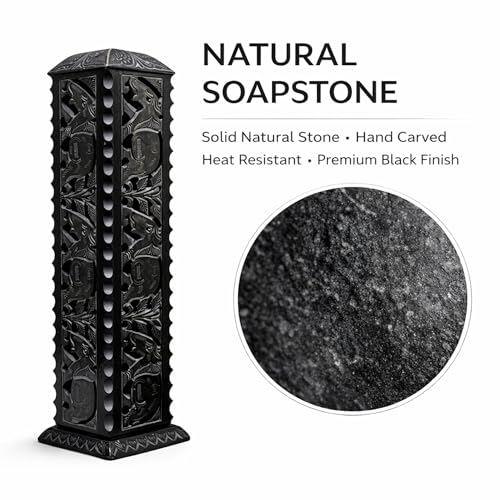 Image of Handmade Black Marble Soapstone Incense Stick Burner | Dhoop Batti Stand, Candle Holder, Tea Light Burner, Jaali Carving, 3 x 3 x 11 Inches