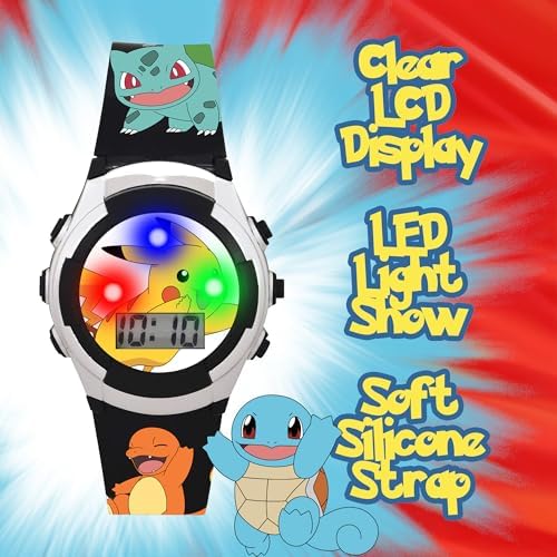 Pokémon Light-Up Watch for Kids – Pikachu & Friends Themed, Digital LCD Display, Flashing Dial, Printed Strap Design, Metallic Case, Adjustable Band with Metal Buckle — view 2