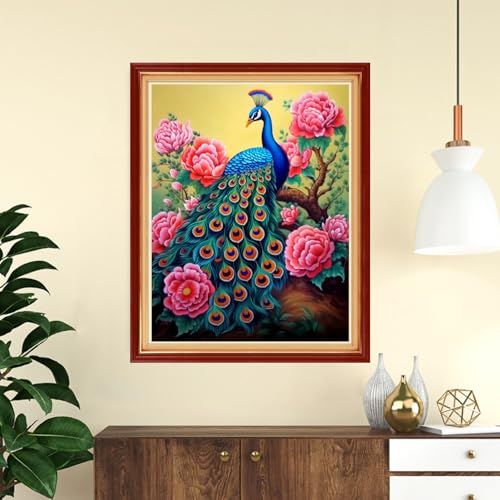 Image of Funchey Stamped Cross Stitch Kits, DIY Cross Stitch Pattern for Adults Beginners Needlepoint Kits Embroidery Kit Arts and Crafts 11CT-Peacock Flowers 16x20 inch