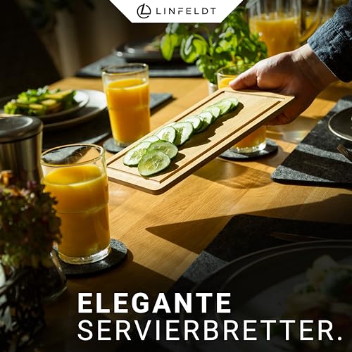 LINFELDT 6er Set Bambus Frühstücksbrettchen Holz 27x16x1cm - Inkl. Saftrille - 6 Holzbretter + eine glatte Seite - Kleine Holzbrettchen - 6 Essbretter aus Bambus 6