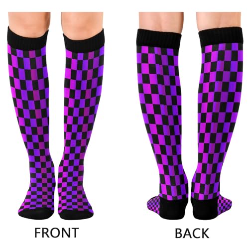 Pigsaly Purple Black Checkerboard Women's Compression Socks Buffalo Check Plaid Athletic Tube Sock Unisex Casual Knee High Socks Outdoor Sport Socks For Running Hiking Travel2