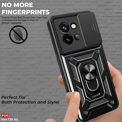 Image of AESTMO Tough Armor Vivo T3X 5G Bumper Back Case Cover | Ring Holder & Sliding Camera Shield Cover | 360 Degree Protection Back Case Cover for Vivo T3X 5G (Black)