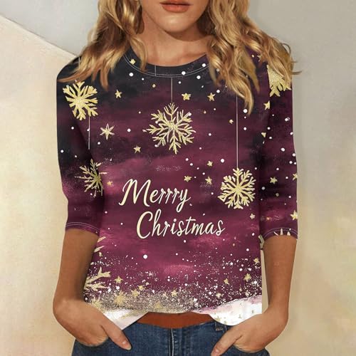 HSUAYEUD Christmas Jumpers for Women 3/4 Sleeve Top UK Snowflake Print Womens T-Shirts Casual Tunic Top — photo 2
