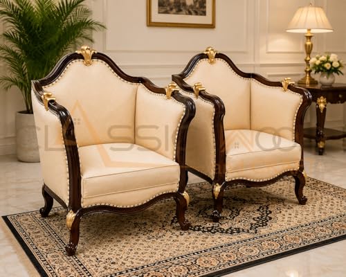 Image of Classic Wood and Craft 3+2+1+1 Wooden Sofa Set Center Table Victorian Handcrafted Teak Wood Living Room Furniture Rich Walnut Finish Gold Accents & Beige Upholstery Elegant Royal Style Home