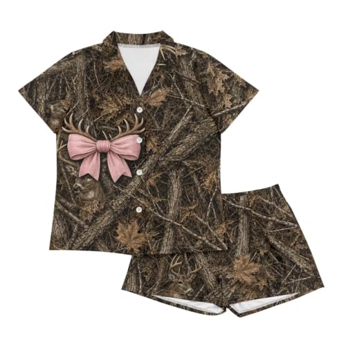 Image of Renewold Button Down Womens Pajama Set Short Sleeve Loungewear Bow Nightwear Sleepwear Night Suit Tops Shorts 2 Pieces
