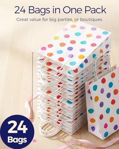 Image of SUNCOLOR 24 Pack Small Paper Gift Bags, Colorful Polka Dot Design, 8.7 x 6.3 x 3.15 Inch, with Handles for Birthday Party Favors
