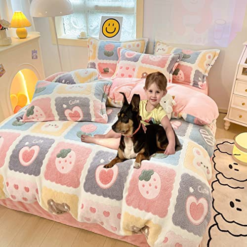 Cinyana Plaid Duvet Cover Set Floral Duvet Cover Fluffy Comforter Cover Kawaii Cartoon Bunny Comforter Cover Soft Kids Duvet Cover Queen Bedding Set (Lovely Grid, Queen) #TOP1