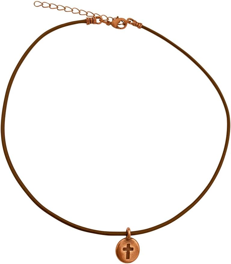DragonWeave Cross Circle Charm Necklace & Earring Set, Antique Copper Brown Leather Adjustable