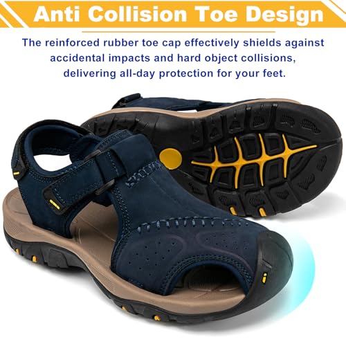 Image of Men's Sport Sandals Closed Toe Leather Hiking Athletic Walking Outdoor Beach Trail River Fishing Water Shoes Lightweight Comfortable Waterproof