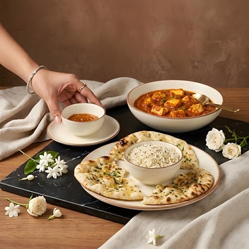 Image of Miah Decor Ceramic Dinner Set- 14-Piece Handmade Stoneware | 4 Bowls, 4 Quarter Plates, 4 Dinner Plates & 2 Serving Bowls | Off White Ribbed Matte Finish | Microwave & Dishwasher Safe | Ideal Gift