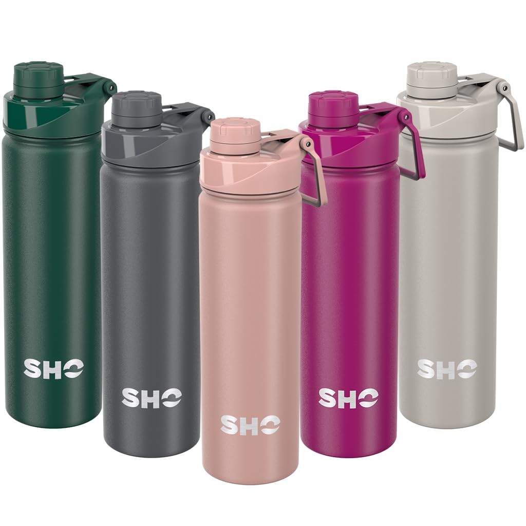 SHO Stainless Steel Sports Bottle, Leak Proof, BPA Free, No Sweat, Vacuum Insulated Double Walled Metal Flask Water Bottle