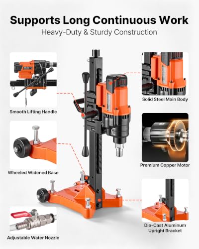 Image of VEVOR Diamond Core Drilling Machine Dry and Wet 0.8-8 in Drilling Diameter | 8 Drill Bits, Rolling Core Drill Rig, Wheeled Stand, Lifting Handle, 3000W 800RPM, UNC1 1 /4-7 Thread for Concrete Brick Stone