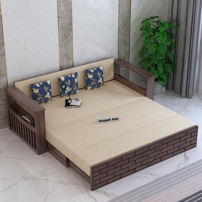 Image of Ganpati Arts Italian Solid Sheesham Wood 3 Seater Sofa Cum Bed with Side Pockets for Storage and Fabric at Back Wooden Sofa Furniture for Living Room Home (Walnut Finish)