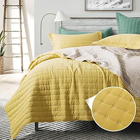 HoneiLife Queen Quilt Bedding Set - 3 Piece Washed Brushed Microfiber Quilts Embroidered Quilt Sets Lightweight Bedspread Ultra Soft Coverlet Reversible Bedcover for Season Use,Yellow Cover
