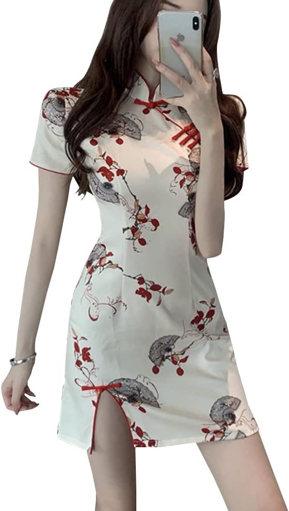 StarDY Women's White Bodycon Cheongsam Cheongsam Dress Shawl Sleeve Wenhua Collar Side Slit Mini Dress