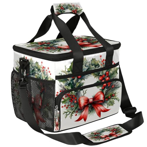 Insulated Picnic Backpack Lunch Box for Women Men Picnic Basket Tote Lunch Bag Picnic Bag Portable Lunch Bags for Picnic, Beach, Work, Trip,Office, Camp Holly Berries Christmas