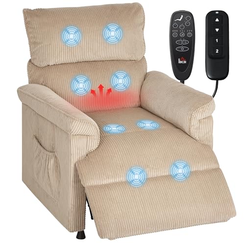 HOMCOM Fauteuil Relax électrique massant et Chauffant, Fauteuil inclinable en Velours côtelé avec Repose-Pieds, Moteur Ultra-Silencieux, mémoire, Port USB, Poches...