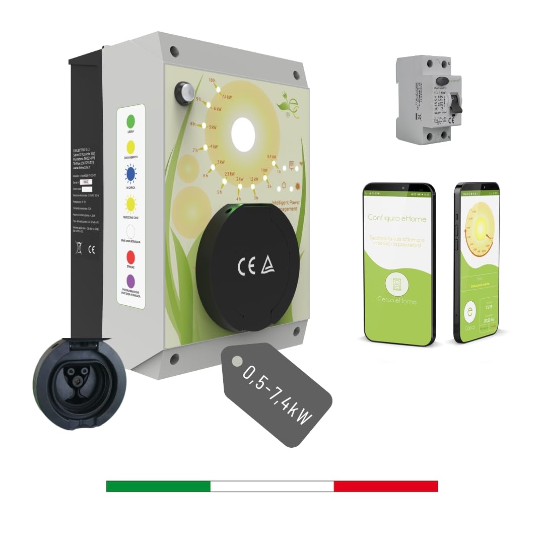 E-Corner Stazione di Ricarica Auto Elettriche | Made in Italy | E-Home Socket Wallbox Monofase 7,4k W Presa Tipo 2 Wallbox Universale per Tutte Le Auto, con WiFi e App, Caricabatterie Domestico