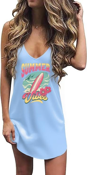 Image of Live Simple Coconut Tree Sleeveless Dress Sunshine Sand Beach Women's Summer Casual V Neck Mini Dress