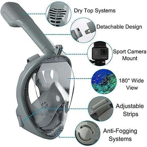 Image of Delavala Full Face Snorkeling Mask Diving Gear - Dry Top System,180 Degree Panoramic View Snorkeling Mask with Camera Mount,Safe Breathing,Anti-Leak Anti-Fog-Swim Fins (Grey - Large /X-Large)