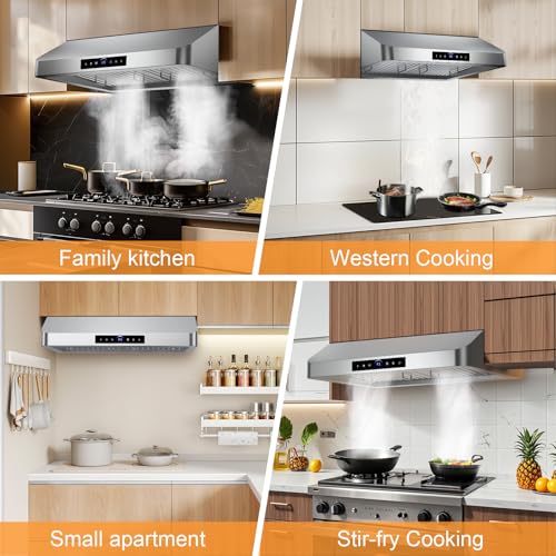 30 Inch Under Cabinet Range Hood 1200CFM, 4-Speed Kitchen Hood with Touch Control & Gesture Sensing Stainless Steel Kitchen Stove Vent Hoods with 2 LED Lights Supreme Series