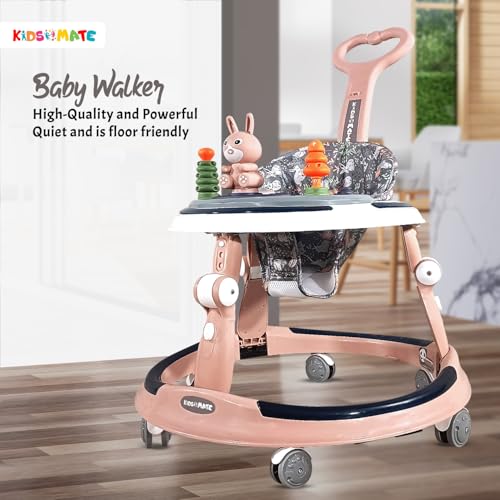 Image of Kidsmate 360 Baby Walker for Boys & Girls | 6-24 Months | 7-Level Height Adjustment | Musical RGB Lights | Dual Tray for Food & Toys | Safe, BPA-Free & Comfortable Baby Walker (Radiant Pink)