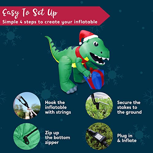 Joiedomi Dinosaure de Noël gonflable de 1,5 m de haut, dinosaure gonflable avec boîte cadeau, LED gonflables intégrées lumineuses, décoration de cour de Noël géante pour Noël, vacances, jardin, – Image 7